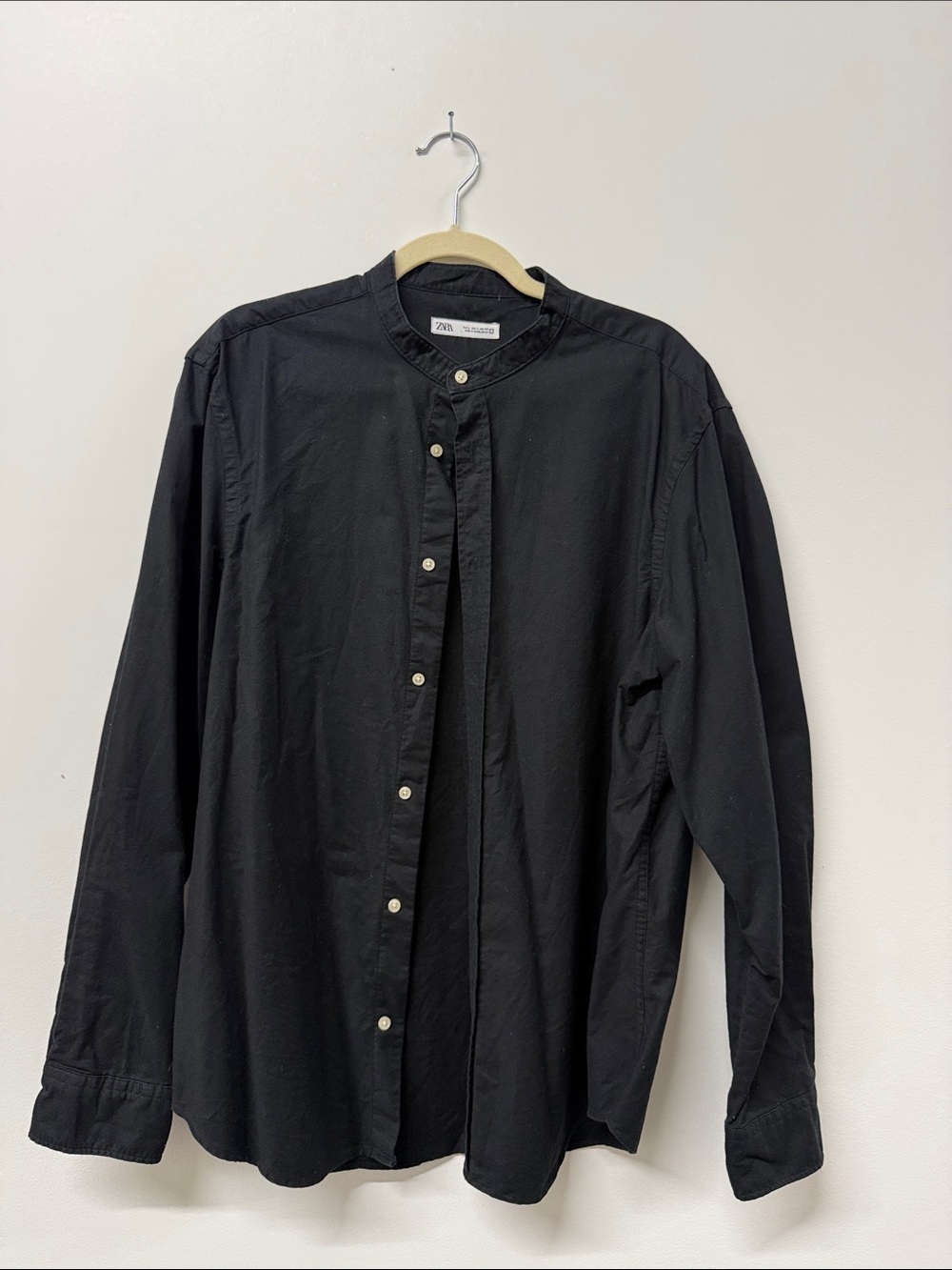 Zara Men Black Band-Collar Button-Up Shirt
